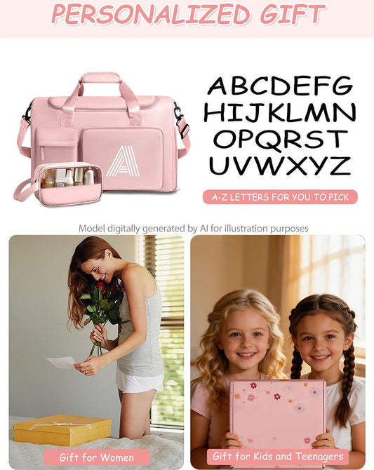 Gifts for Girls Women, Initial kids Duffle bag with Shoe Compartment, Personalized Duffle Bags for Girls Gym Bag, Birthday Gifts for Kids Women Daughter Sister Friend Wife, Pink A