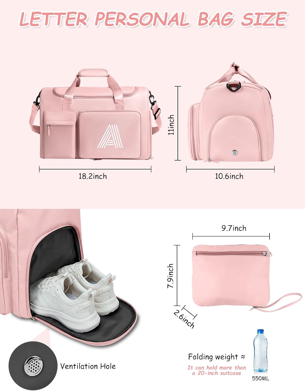 Gifts for Girls Women, Initial kids Duffle bag with Shoe Compartment, Personalized Duffle Bags for Girls Gym Bag, Birthday Gifts for Kids Women Daughter Sister Friend Wife, Pink A