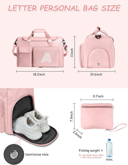 Gifts for Girls Women, Initial kids Duffle bag with Shoe Compartment, Personalized Duffle Bags for Girls Gym Bag, Birthday Gifts for Kids Women Daughter Sister Friend Wife, Pink A