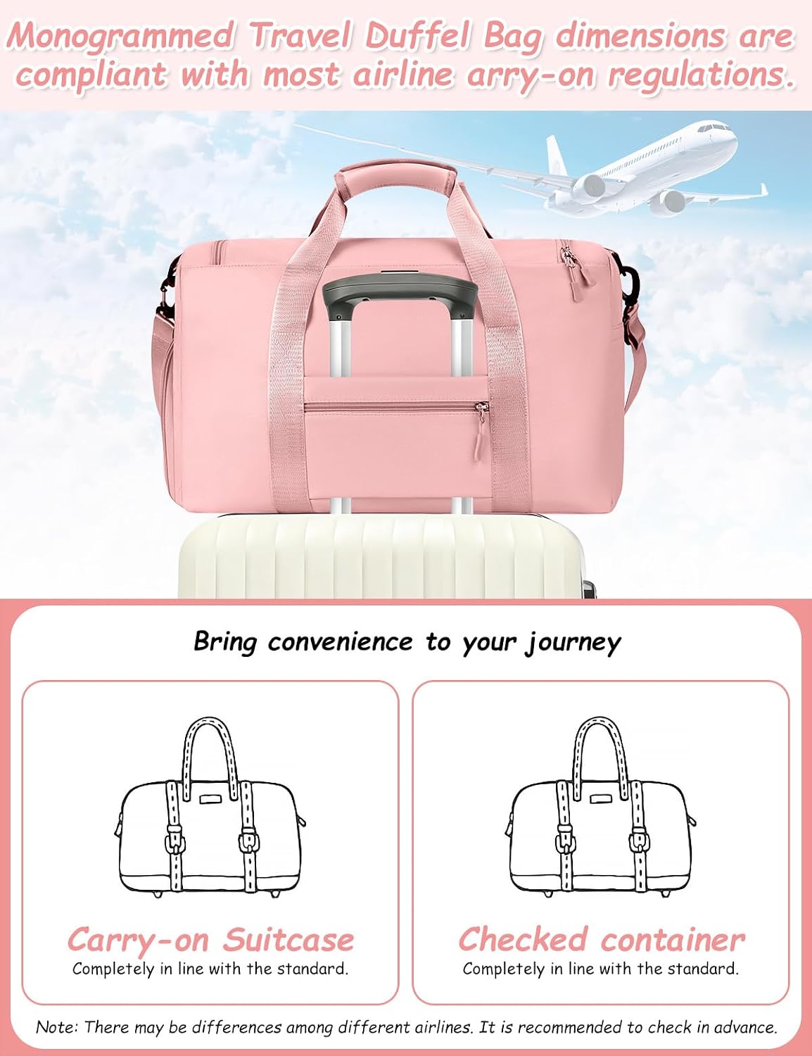 Gifts for Girls Women, Initial kids Duffle bag with Shoe Compartment, Personalized Duffle Bags for Girls Gym Bag, Birthday Gifts for Kids Women Daughter Sister Friend Wife, Pink A
