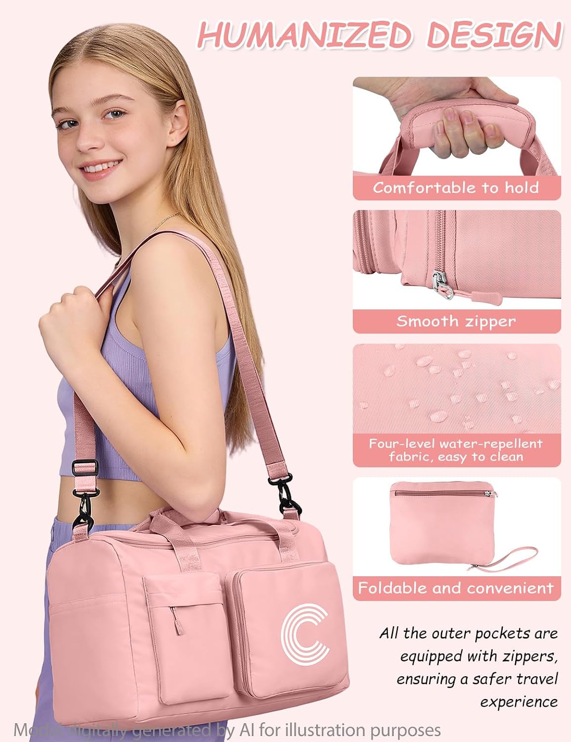 Gifts for Girls Women, Initial kids Duffle bag with Shoe Compartment, Personalized Duffle Bags for Girls Gym Bag, Birthday Gifts for Kids Women Daughter Sister Friend Wife, Pink A