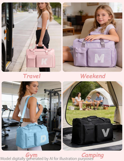 Gifts for Girls Women, Initial kids Duffle bag with Shoe Compartment, Personalized Duffle Bags for Girls Gym Bag, Birthday Gifts for Kids Women Daughter Sister Friend Wife, Pink A