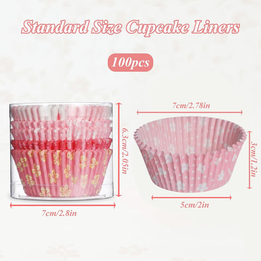 100 Pack Cupcake Liners Pink Cute Cupcake Liners Pink Floral Cupcakes Wrappers for Birthday Tea Themed Party Decor
