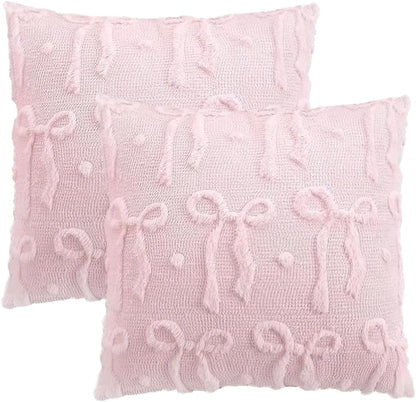 Set of 2 Pink Bow Throw Pillow Covers Decorative Cute Girl Soft Plush Faux Fur Pillowcase Coquette Aesthetic Decor for Couch Sofa Bedroom, 18x18 Inch