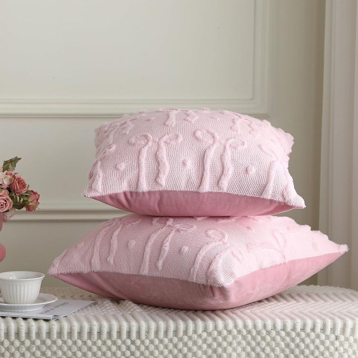 Set of 2 Pink Bow Throw Pillow Covers Decorative Cute Girl Soft Plush Faux Fur Pillowcase Coquette Aesthetic Decor for Couch Sofa Bedroom, 18x18 Inch