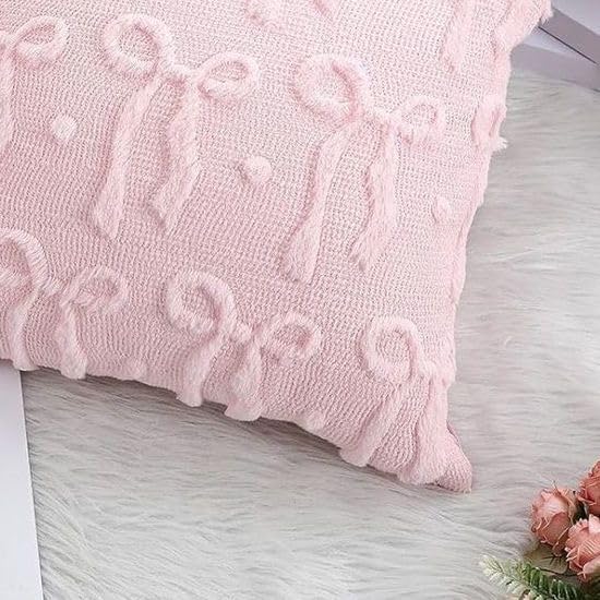 Set of 2 Pink Bow Throw Pillow Covers Decorative Cute Girl Soft Plush Faux Fur Pillowcase Coquette Aesthetic Decor for Couch Sofa Bedroom, 18x18 Inch