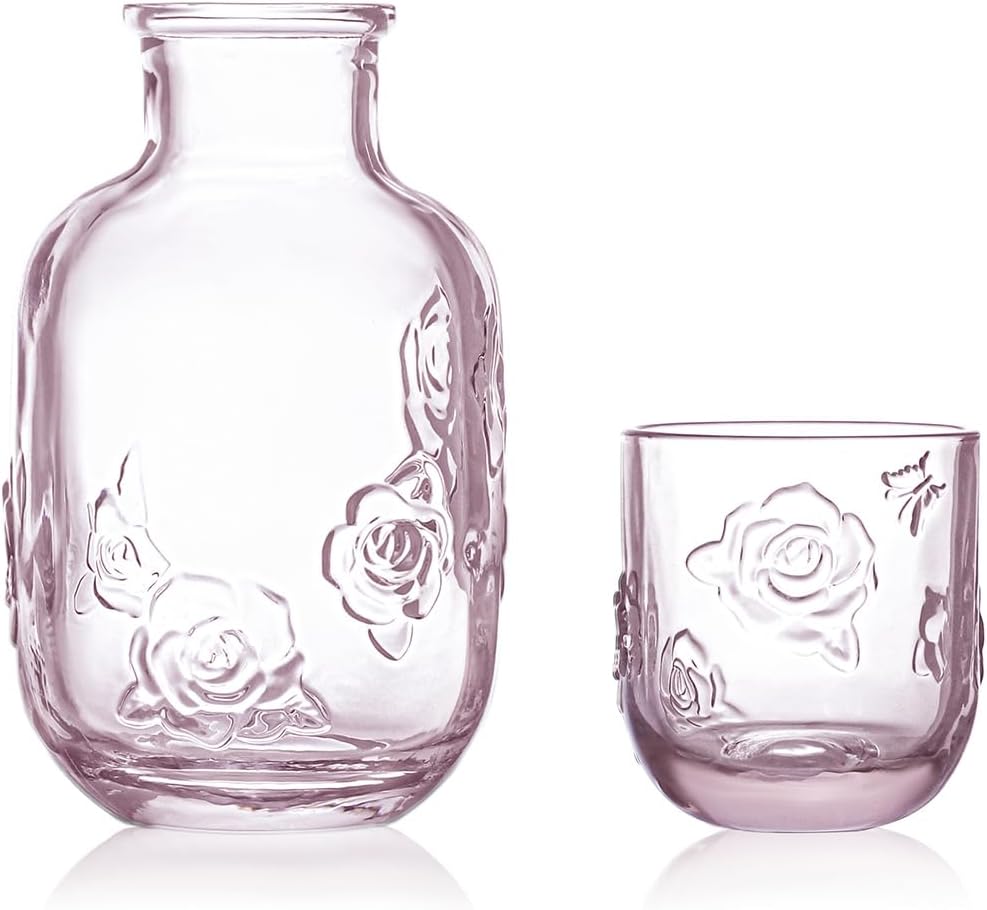 15 Oz Rose Embossed Pink Glass Bedside Night Water Carafe with Tumbler Glass.