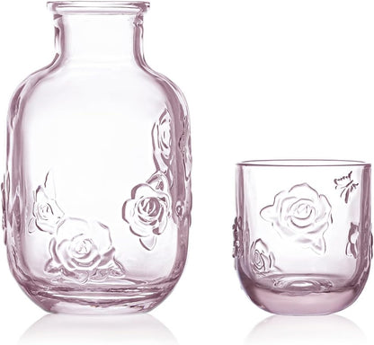 15 Oz Rose Embossed Pink Glass Bedside Night Water Carafe with Tumbler Glass.