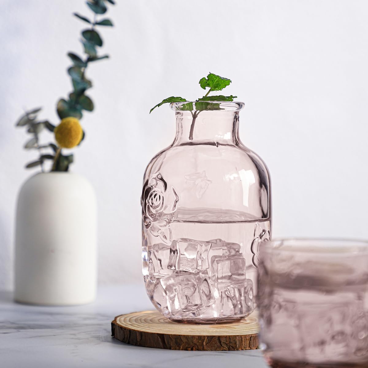 15 Oz Rose Embossed Pink Glass Bedside Night Water Carafe with Tumbler Glass.
