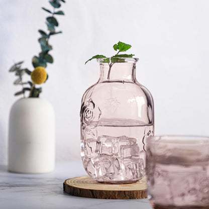 15 Oz Rose Embossed Pink Glass Bedside Night Water Carafe with Tumbler Glass.