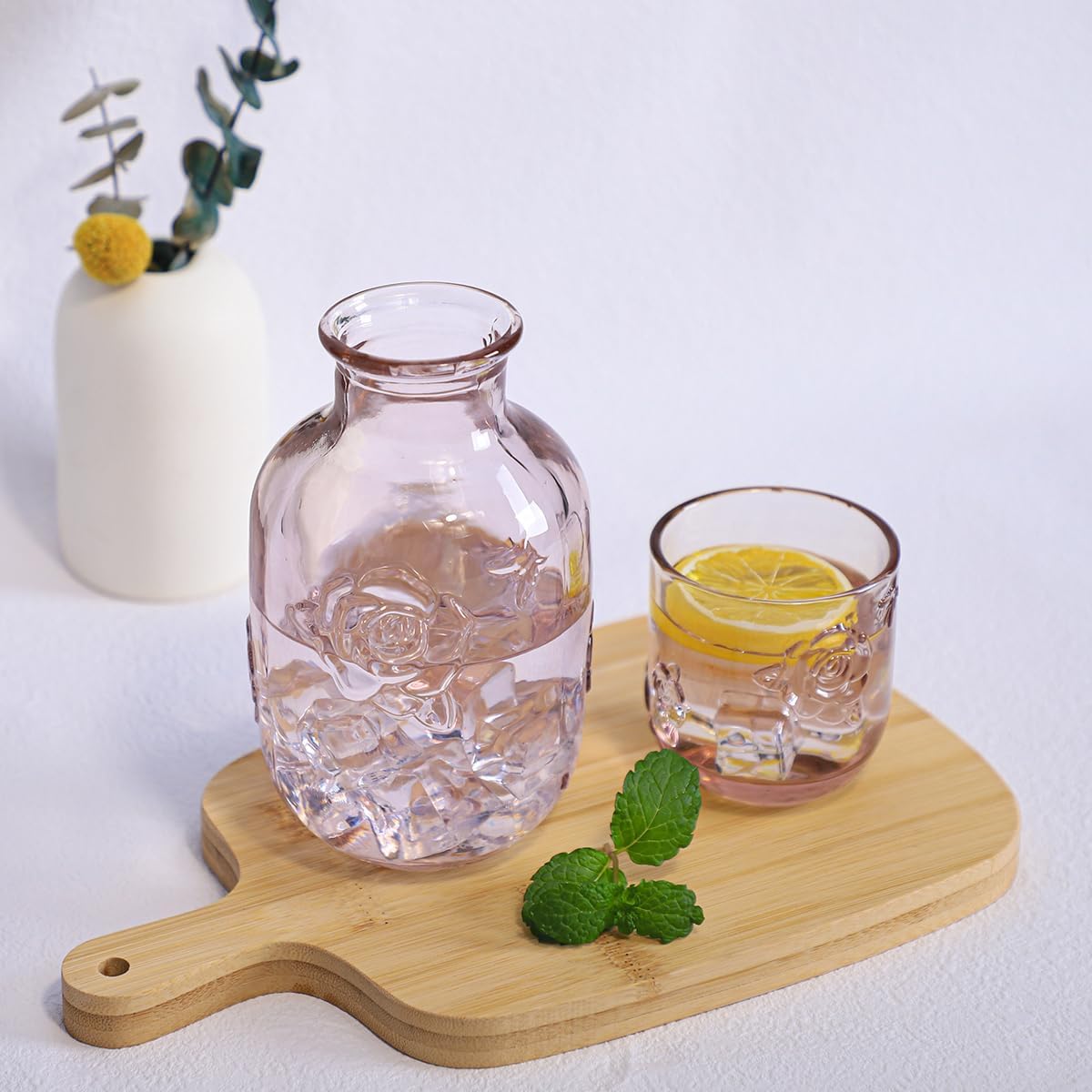 15 Oz Rose Embossed Pink Glass Bedside Night Water Carafe with Tumbler Glass.