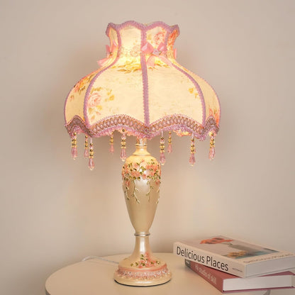 Lovely Table Lamp with Fabric Lampshade, Antique Flower Decorative Bedside Desk Lamp, Handmade Night Light for Bedroom Nightstand