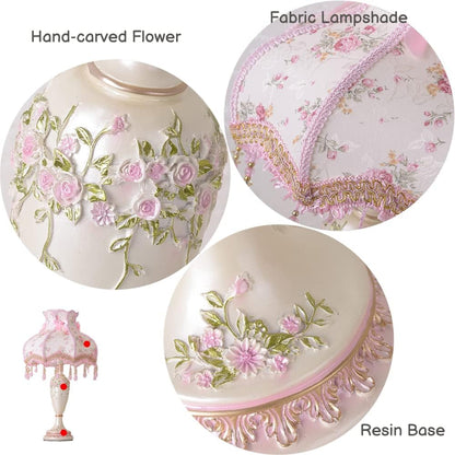 Lovely Table Lamp with Fabric Lampshade, Antique Flower Decorative Bedside Desk Lamp, Handmade Night Light for Bedroom Nightstand