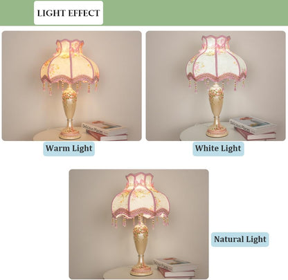 Lovely Table Lamp with Fabric Lampshade, Antique Flower Decorative Bedside Desk Lamp, Handmade Night Light for Bedroom Nightstand