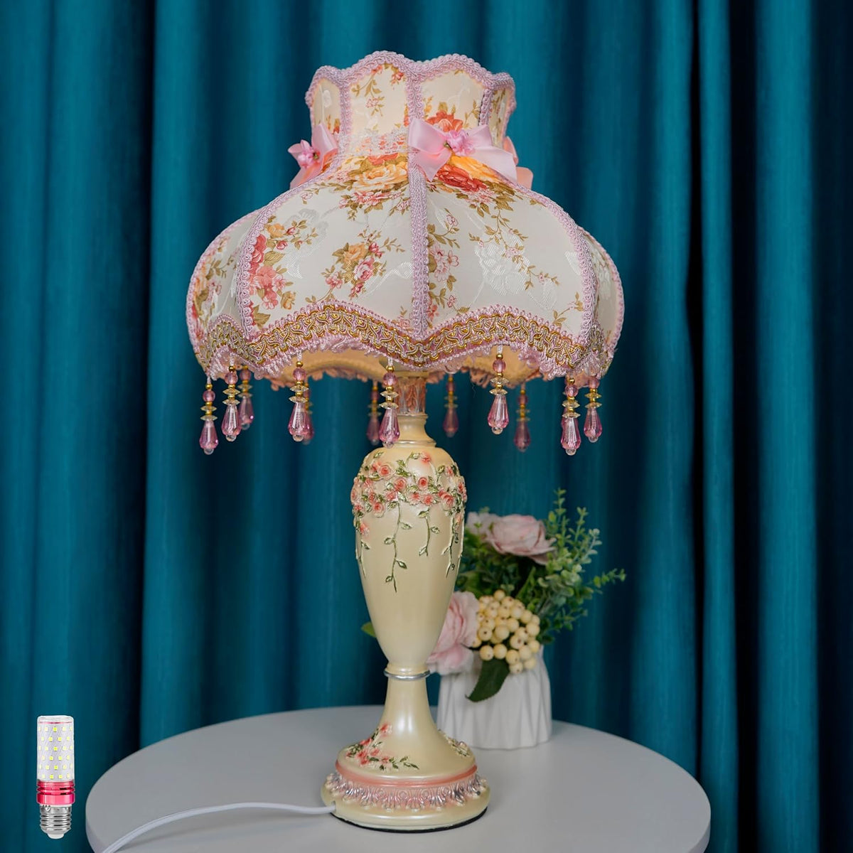 Lovely Table Lamp with Fabric Lampshade, Antique Flower Decorative Bedside Desk Lamp, Handmade Night Light for Bedroom Nightstand