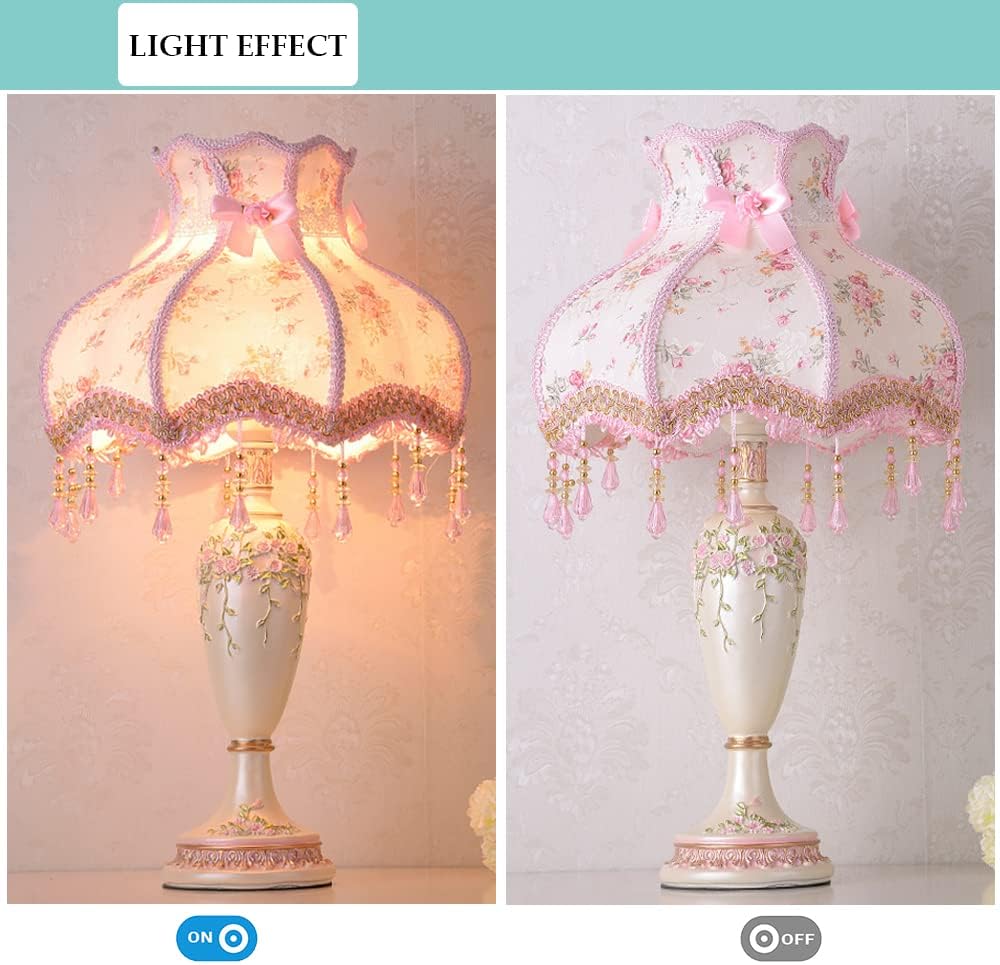Lovely Table Lamp with Fabric Lampshade, Antique Flower Decorative Bedside Desk Lamp, Handmade Night Light for Bedroom Nightstand
