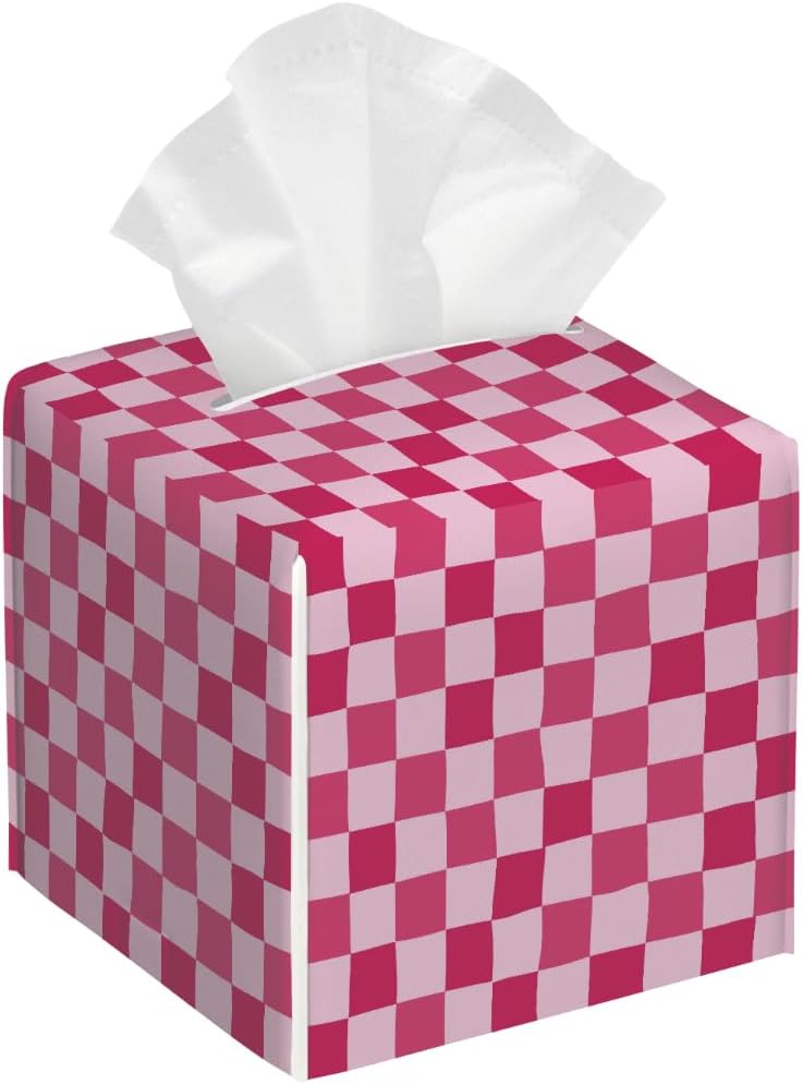 Pink Checkerboard Pattern Tissue Box Cover Leather Tissue Box Case Holder Decorative Facial Paper Organizer for Car Bathroom Tabletop