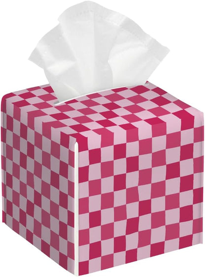 Pink Checkerboard Pattern Tissue Box Cover Leather Tissue Box Case Holder Decorative Facial Paper Organizer for Car Bathroom Tabletop