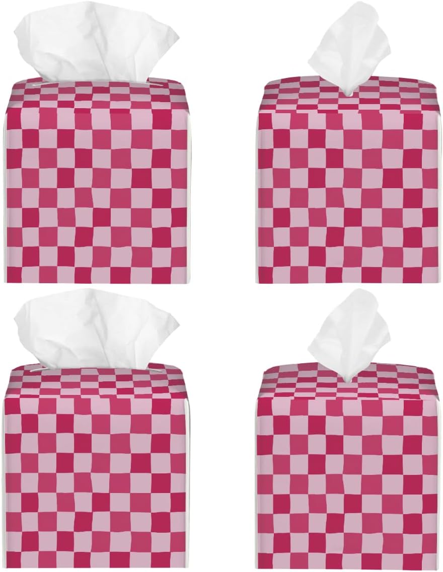 Pink Checkerboard Pattern Tissue Box Cover Leather Tissue Box Case Holder Decorative Facial Paper Organizer for Car Bathroom Tabletop
