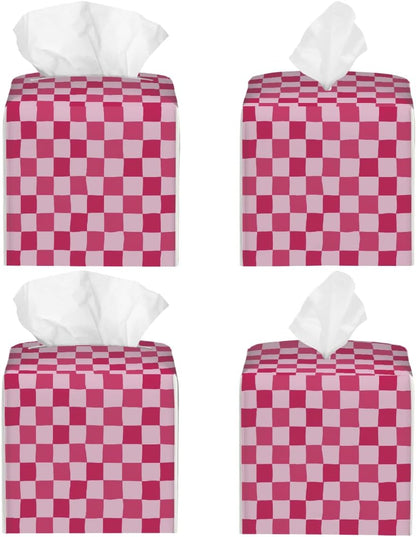 Pink Checkerboard Pattern Tissue Box Cover Leather Tissue Box Case Holder Decorative Facial Paper Organizer for Car Bathroom Tabletop