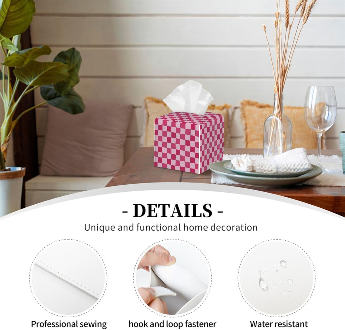 Pink Checkerboard Pattern Tissue Box Cover Leather Tissue Box Case Holder Decorative Facial Paper Organizer for Car Bathroom Tabletop
