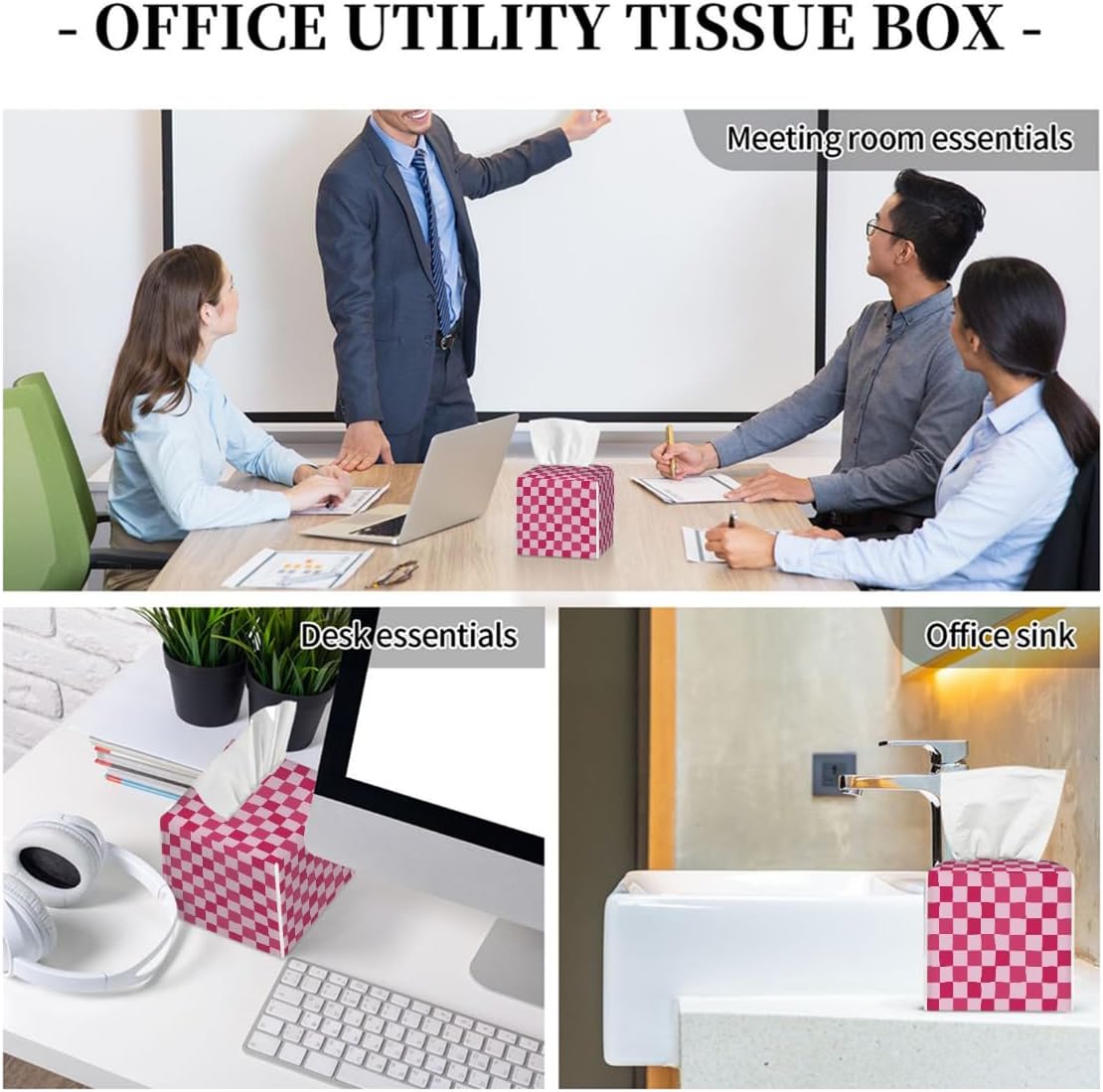 Pink Checkerboard Pattern Tissue Box Cover Leather Tissue Box Case Holder Decorative Facial Paper Organizer for Car Bathroom Tabletop