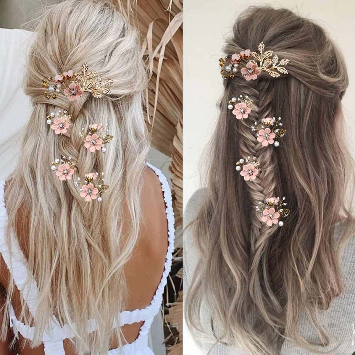 5 PCS Bridal Flower Wedding Hair Pins Crystal Pearl Hair Clips Headpiece Gold Wedding Hair Accessories Jewelry with Rhinestone for Brides Bridesmaids Women Girls Updo(Cherry Blossoms Pink)