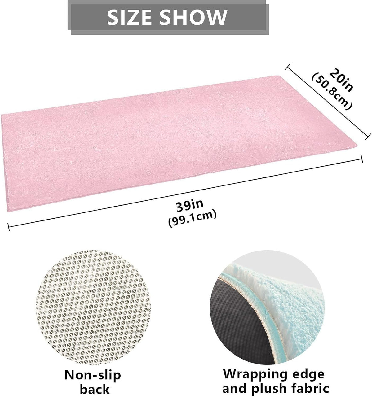 Pink Solid Color Bath Mat 39x20 Inch, Soft Absorbent Plush Rug, Non-Slip Washable Floor Mat for Bathroom Bedroom Kitchen Entryway Carpet