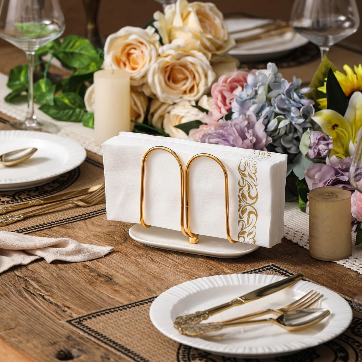 Vertical Rose Gold Napkin Holder with Ceramic Base - Modern Disposable Hand Guest Towel Holder for Bathroom,Small Cocktail Napkin Holders for Table,Party,Kitchen,Bar,Dinner,Outdoor