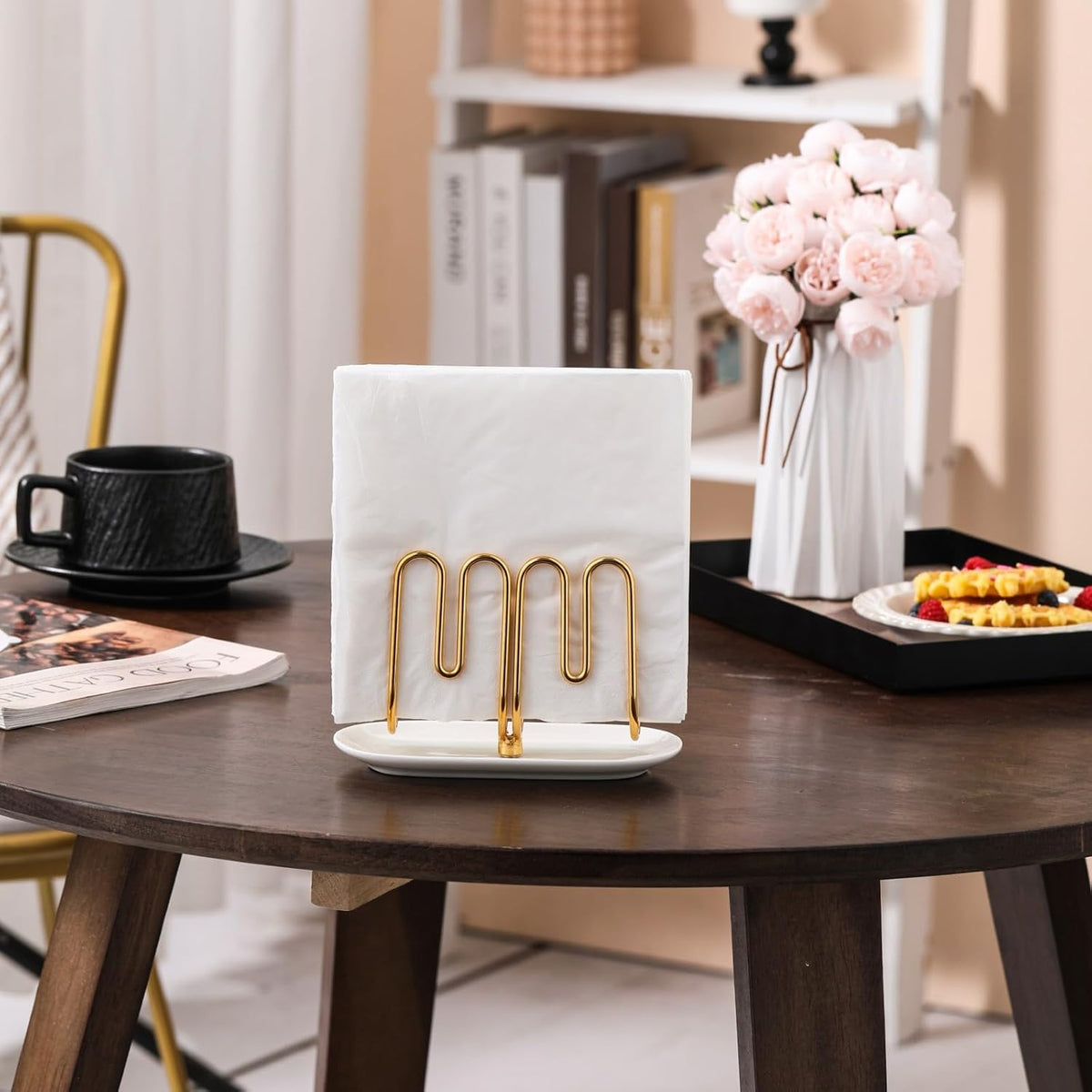 Vertical Rose Gold Napkin Holder with Ceramic Base - Modern Disposable Hand Guest Towel Holder for Bathroom,Small Cocktail Napkin Holders for Table,Party,Kitchen,Bar,Dinner,Outdoor