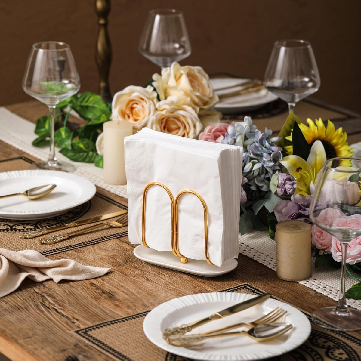 Vertical Rose Gold Napkin Holder with Ceramic Base - Modern Disposable Hand Guest Towel Holder for Bathroom,Small Cocktail Napkin Holders for Table,Party,Kitchen,Bar,Dinner,Outdoor