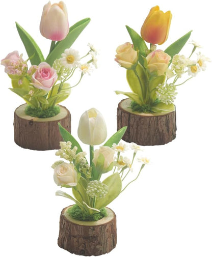 Artificial Tulips Potted Plant, Mini Silk Tulip Bouquet with Wooden Pot