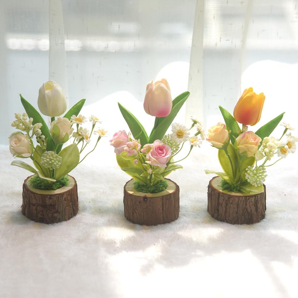 Artificial Tulips Potted Plant, Mini Silk Tulip Bouquet with Wooden Pot