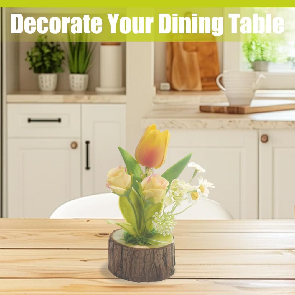 Artificial Tulips Potted Plant, Mini Silk Tulip Bouquet with Wooden Pot