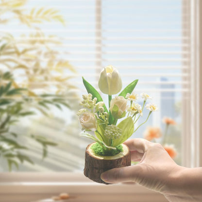 Artificial Tulips Potted Plant, Mini Silk Tulip Bouquet with Wooden Pot