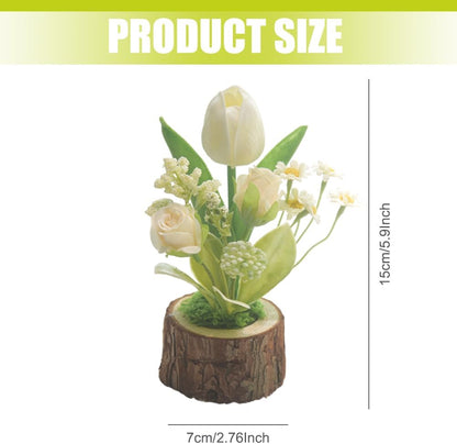 Artificial Tulips Potted Plant, Mini Silk Tulip Bouquet with Wooden Pot