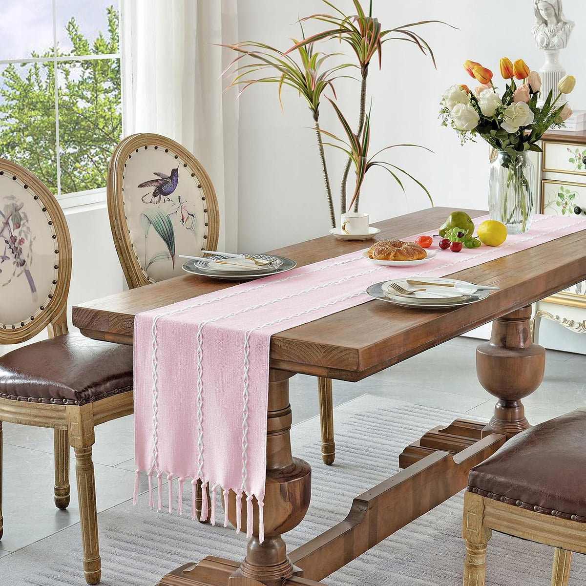 Rustic Linen Table Runner, Pink Table Runners 72 inches Long