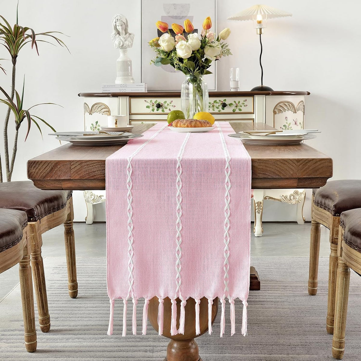 Rustic Linen Table Runner, Pink Table Runners 72 inches Long