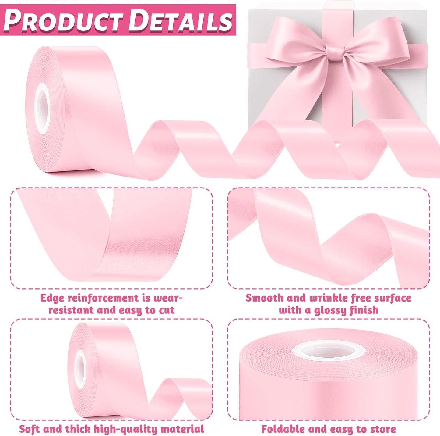 1 1/2 Inch Pink Ribbon, 30 Yards Pink Ribbon for Gift Wrapping, Polyester Satin Mothers Day Ribbon for Wedding Baby Shower Valentines Day Decorations DIY Bows Breast Cancer Awareness Crafts