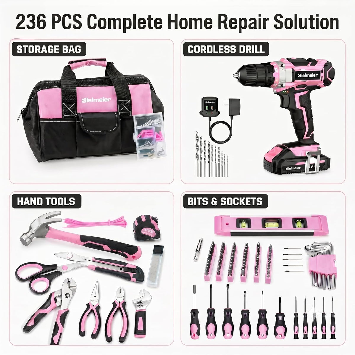 20V 236Pcs Cordless Pink Drill Set for Women, Home Tool Kit