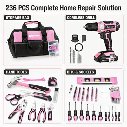 20V 236Pcs Cordless Pink Drill Set for Women, Home Tool Kit