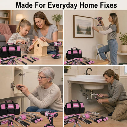 20V 236Pcs Cordless Pink Drill Set for Women, Home Tool Kit