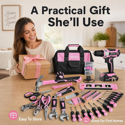 20V 236Pcs Cordless Pink Drill Set for Women, Home Tool Kit