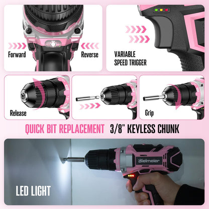 20V 236Pcs Cordless Pink Drill Set for Women, Home Tool Kit