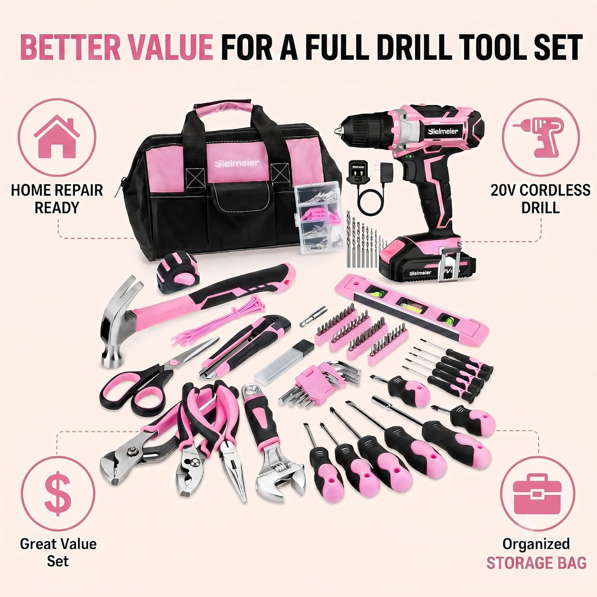 20V 236Pcs Cordless Pink Drill Set for Women, Home Tool Kit