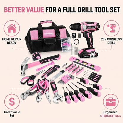 20V 236Pcs Cordless Pink Drill Set for Women, Home Tool Kit