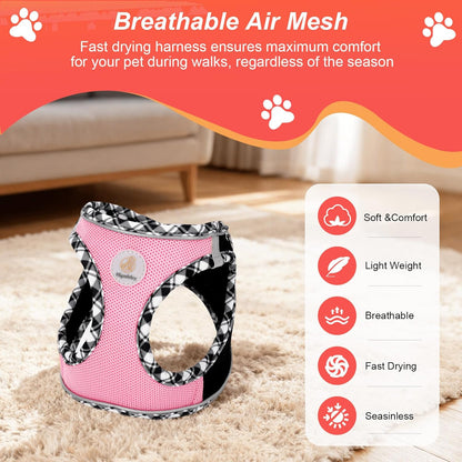 Dog Harness Small Sized and Leash Set, No Pull Soft Mesh Puppy Vest, Reflective Breathable Lightweight Pet Harness, Harness for Small Medium Dogs and Cats - Black Pink, M