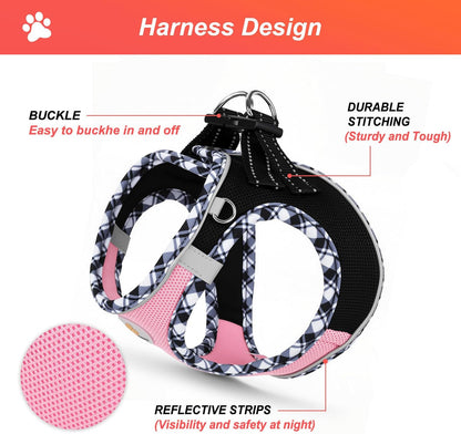 Dog Harness Small Sized and Leash Set, No Pull Soft Mesh Puppy Vest, Reflective Breathable Lightweight Pet Harness, Harness for Small Medium Dogs and Cats - Black Pink, M
