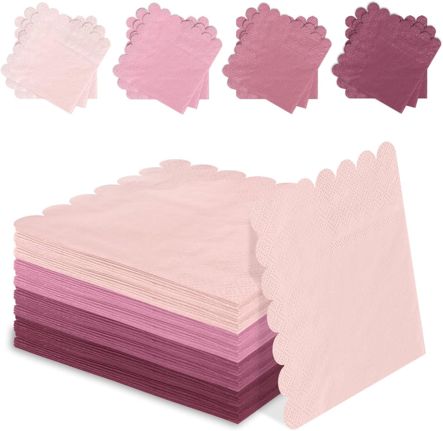 SietDESEO 48 Pieces 3-ply Gradient Pink Napkins Disposable Folded 5 x 5 Inches Scalloped Cocktail Napkins for Dinner Wedding Birthday Party