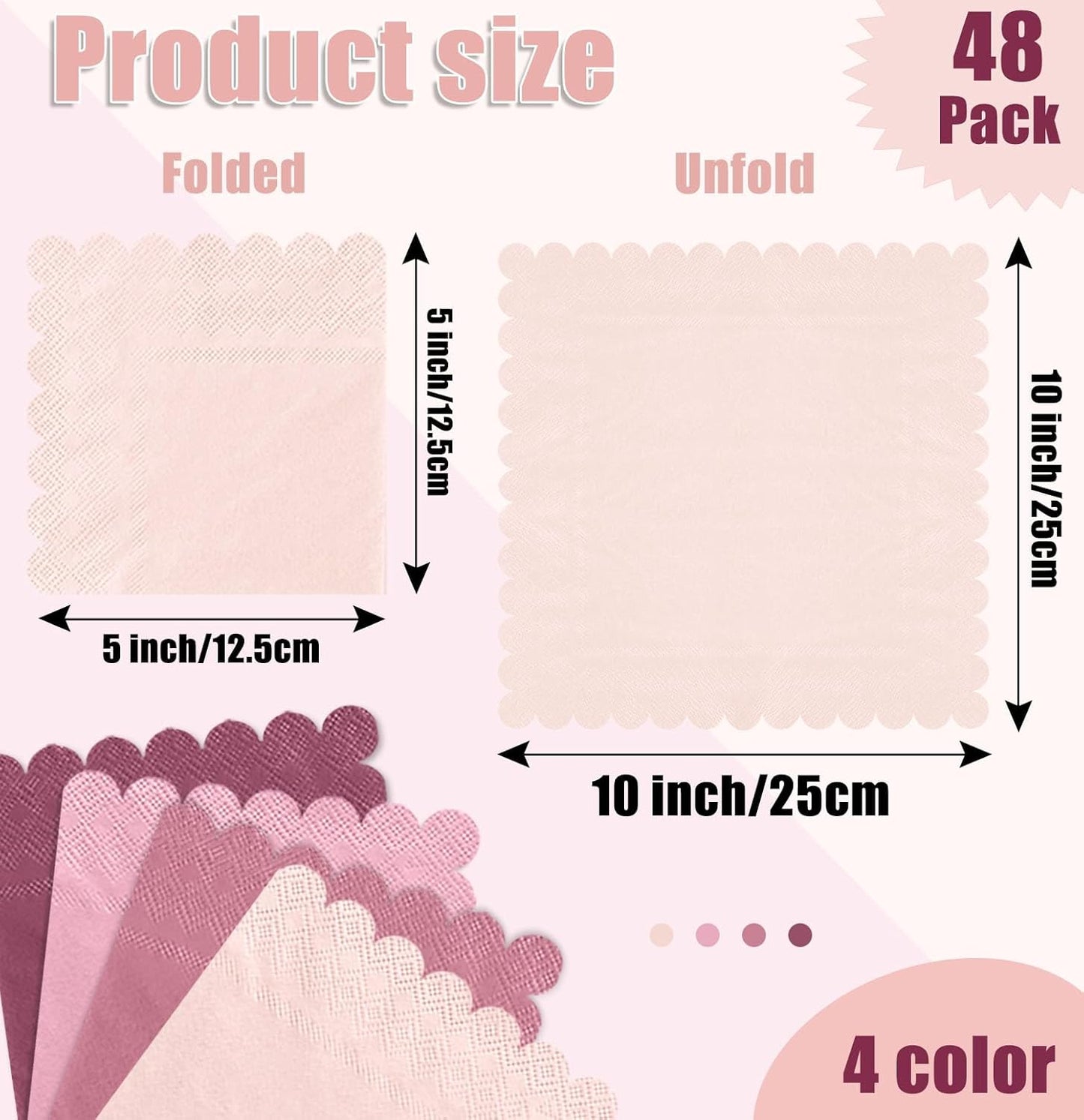 SietDESEO 48 Pieces 3-ply Gradient Pink Napkins Disposable Folded 5 x 5 Inches Scalloped Cocktail Napkins for Dinner Wedding Birthday Party